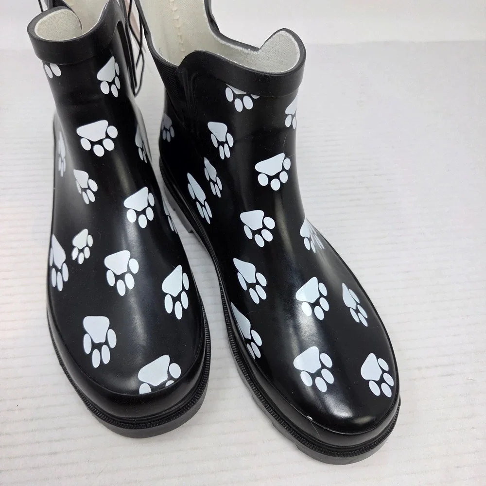 Norty Rain Boots Women 8 Black Paw Print Waterproof Chelsea Lug Sole 654 NWT - Picture 13 of 16